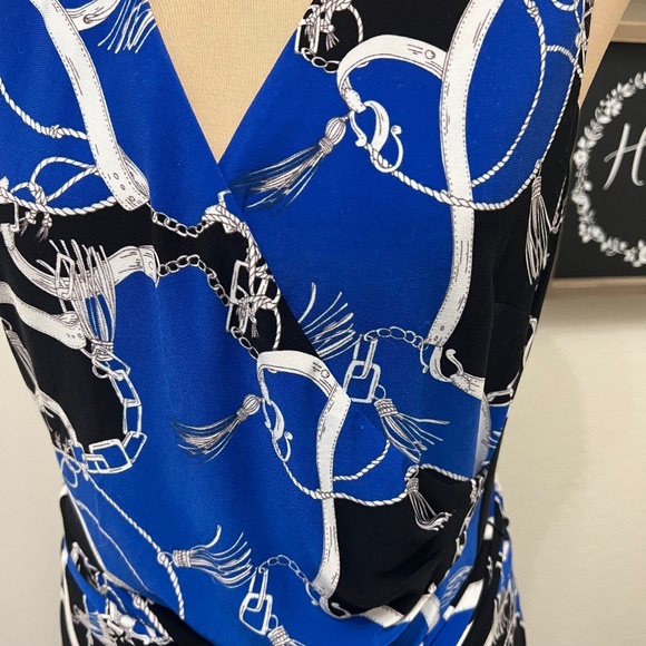 Ralph Lauren Equestrian Status Print Wrap Look Maxi Dress Stretch Knit Blue 14 - Picture 2 of 10